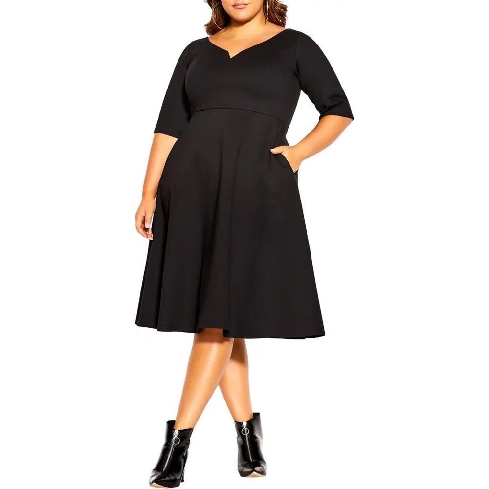 City Chic Cute Girl Elbow Sleeve Fit & Flare Dress W/ Pockets in Black Size 18